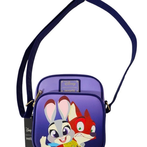 Disney Loungefly Zootopia Nick Wilde Judy Hopps Purple Medium Crossbody Bag Rare - Picture 2 of 5